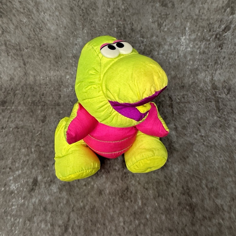 1992 Fisher Price Dinosaur Yellow Pink Dino Puffalump Squeeze Plush Toy